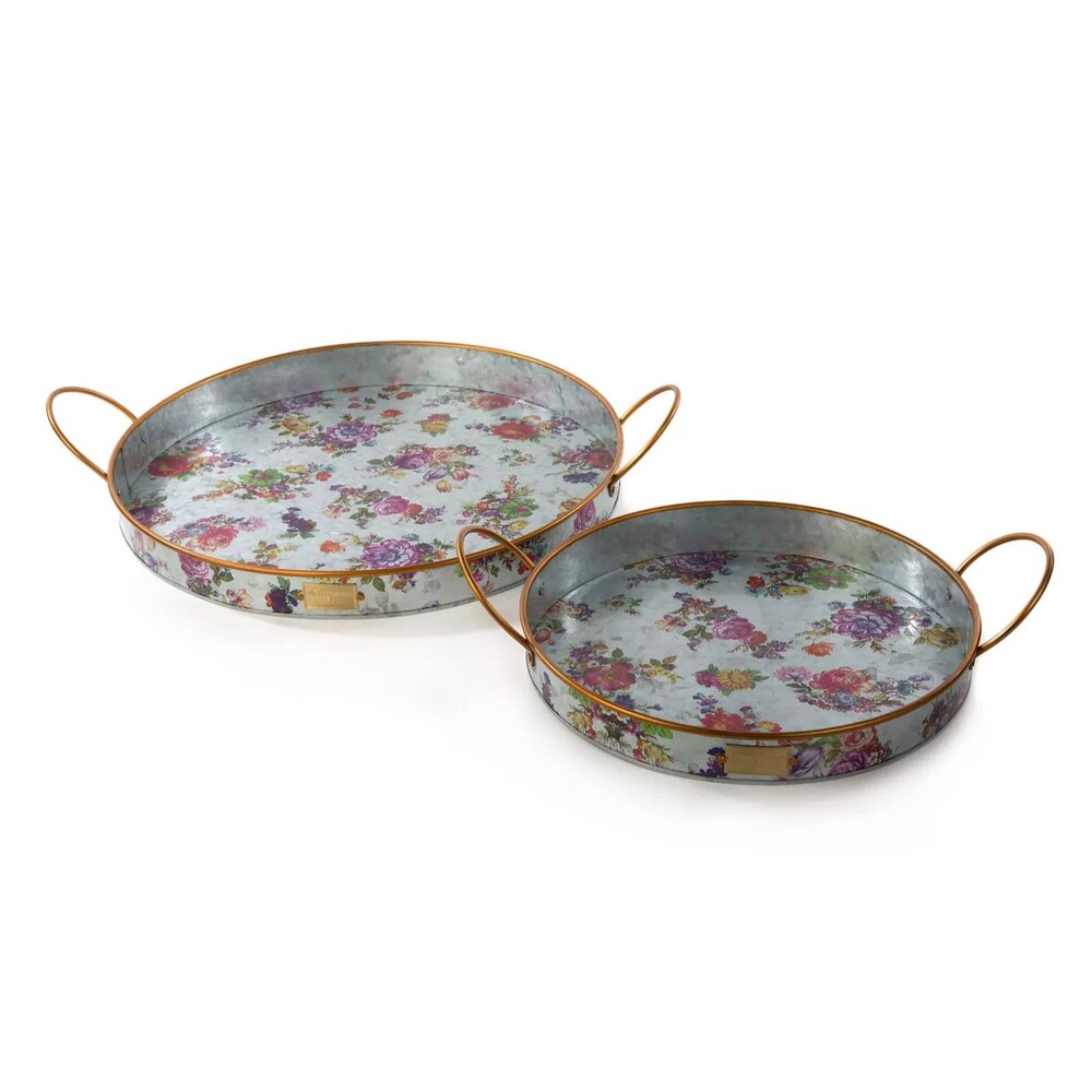 MacKenzie-Childs Flower Market Galvanized Outdoor Serving Trays Set of 2 NEW